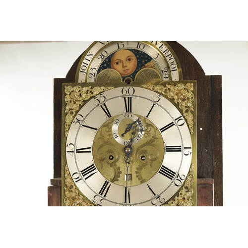 1310 - JOHN WYKE, LIVERPOOL. AN EARLY GEORGE III FIGURED MAHOGANY EIGHT DAY LONGCASE CLOCK the hood with sh... 