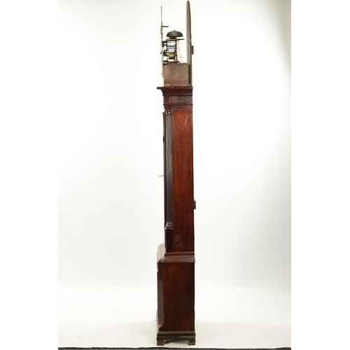 1310 - JOHN WYKE, LIVERPOOL. AN EARLY GEORGE III FIGURED MAHOGANY EIGHT DAY LONGCASE CLOCK the hood with sh... 