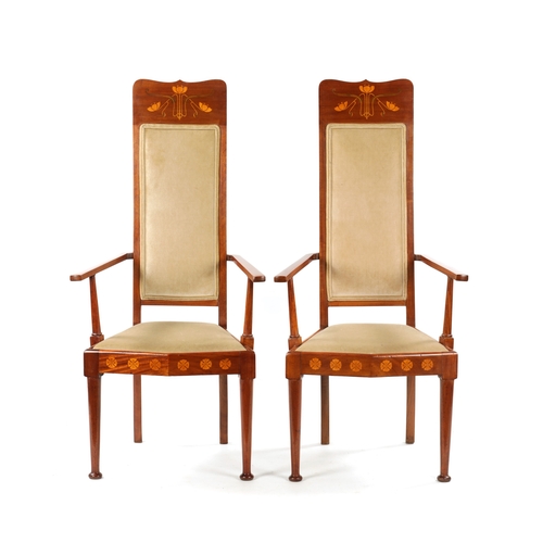 1490 - A PAIR OF INLAID MAHOGANY ART NOVEAU LIBERTY-STYLE UPHOLSTERED ARMCHAIRS with inlaid high backs and ... 