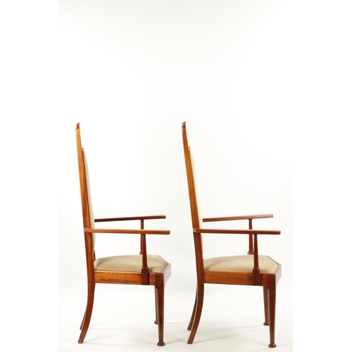 1490 - A PAIR OF INLAID MAHOGANY ART NOVEAU LIBERTY-STYLE UPHOLSTERED ARMCHAIRS with inlaid high backs and ... 