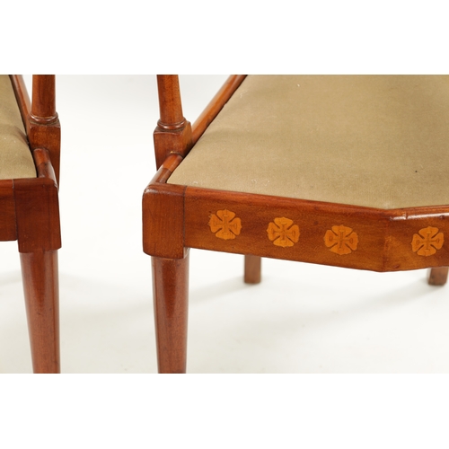 1490 - A PAIR OF INLAID MAHOGANY ART NOVEAU LIBERTY-STYLE UPHOLSTERED ARMCHAIRS with inlaid high backs and ... 