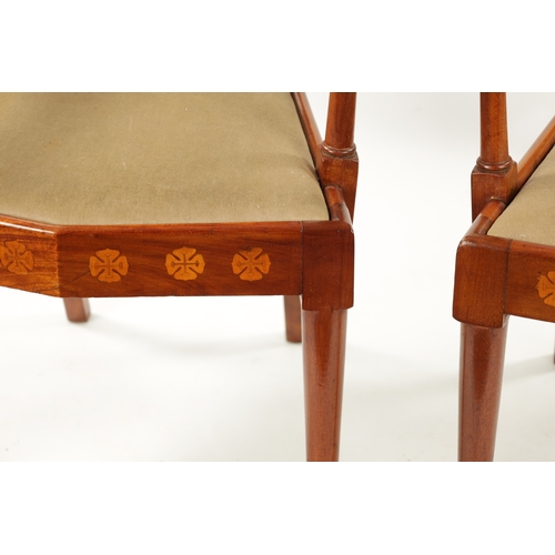 1490 - A PAIR OF INLAID MAHOGANY ART NOVEAU LIBERTY-STYLE UPHOLSTERED ARMCHAIRS with inlaid high backs and ... 