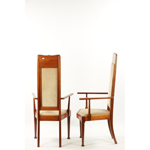 1490 - A PAIR OF INLAID MAHOGANY ART NOVEAU LIBERTY-STYLE UPHOLSTERED ARMCHAIRS with inlaid high backs and ... 