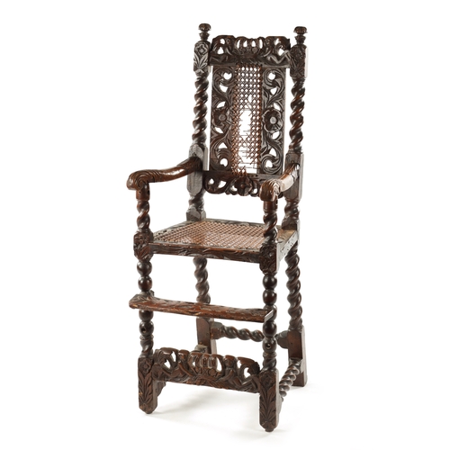 1491 - A RARE CHARLES II JOINED WALNUT CHILD’S HIGH CHAIR the elaborate leaf carved barley-twist frame with... 