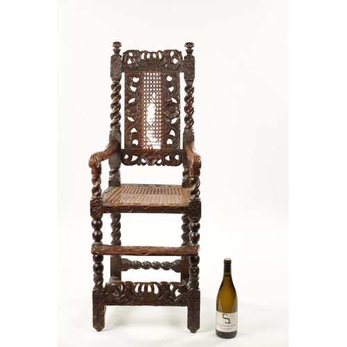 1491 - A RARE CHARLES II JOINED WALNUT CHILD’S HIGH CHAIR the elaborate leaf carved barley-twist frame with... 