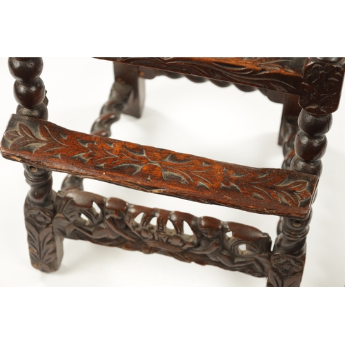 1491 - A RARE CHARLES II JOINED WALNUT CHILD’S HIGH CHAIR the elaborate leaf carved barley-twist frame with... 