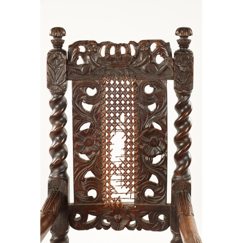 1491 - A RARE CHARLES II JOINED WALNUT CHILD’S HIGH CHAIR the elaborate leaf carved barley-twist frame with... 