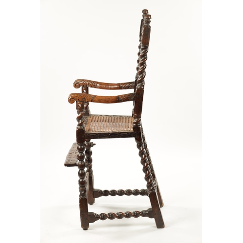 1491 - A RARE CHARLES II JOINED WALNUT CHILD’S HIGH CHAIR the elaborate leaf carved barley-twist frame with... 