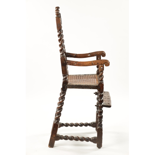 1491 - A RARE CHARLES II JOINED WALNUT CHILD’S HIGH CHAIR the elaborate leaf carved barley-twist frame with... 