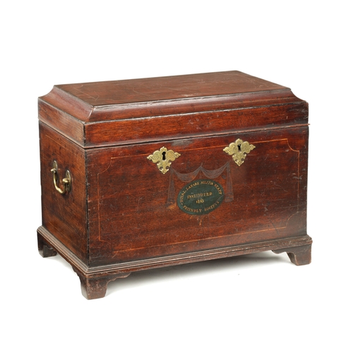 1492 - A GEORGE III MAHOGANY STRONG BOX bearing a painted front inscribed Royal Lanark Militia Staff Friend... 