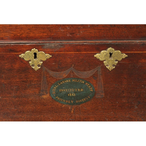 1492 - A GEORGE III MAHOGANY STRONG BOX bearing a painted front inscribed Royal Lanark Militia Staff Friend... 