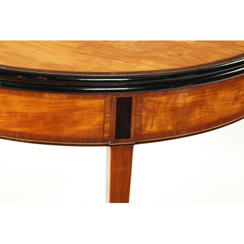 1494 - A GEORGE III SATINWOOD AND INLAID EBONISED DEMI LUNE FOLD OVER CARD TABLE with double gated rear and... 