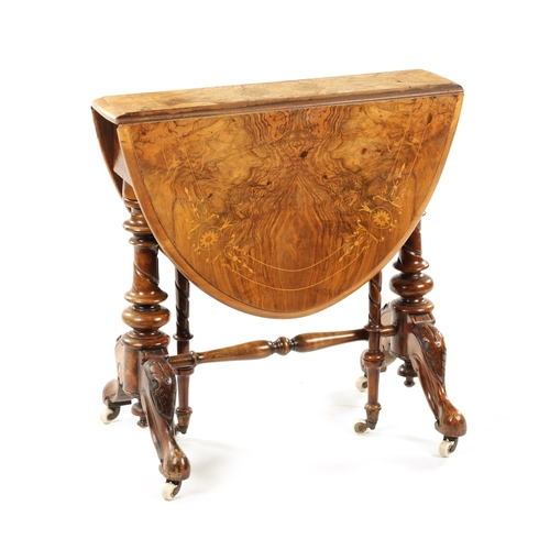 1495 - A 19TH CENTURY INLAID WALNUT MINIATURE SUTHERLAND TABLE with box-wood inlays and raised on a ring-tu... 