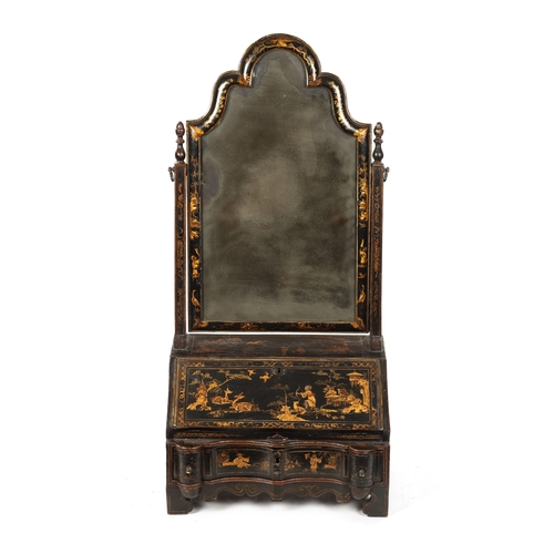 1496 - A FINE EARLY 18TH CENTURY CHINOISERIE DECORATED BLACK LACQUER TABLE BUREAU/MIRROR the shaped top adj... 