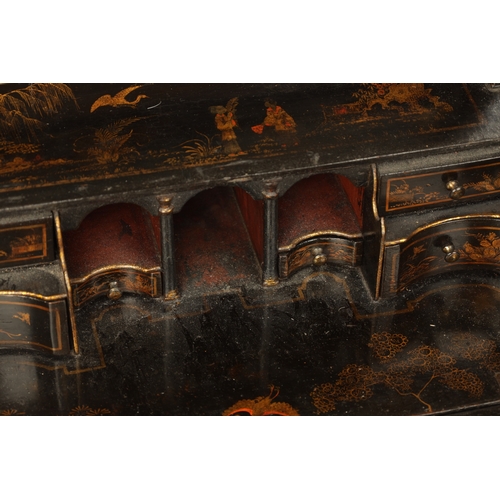 1496 - A FINE EARLY 18TH CENTURY CHINOISERIE DECORATED BLACK LACQUER TABLE BUREAU/MIRROR the shaped top adj... 