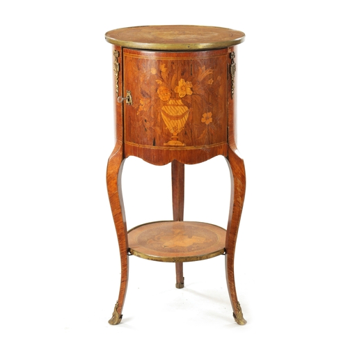 1503 - A 19TH CENTURY FRENCH WALNUT MARQUETRY CIRCULAR BEDSIDE CABINET with hinged door and slender legs; h... 