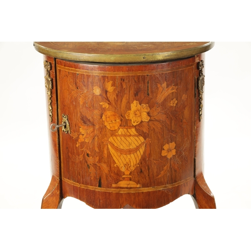 1503 - A 19TH CENTURY FRENCH WALNUT MARQUETRY CIRCULAR BEDSIDE CABINET with hinged door and slender legs; h... 