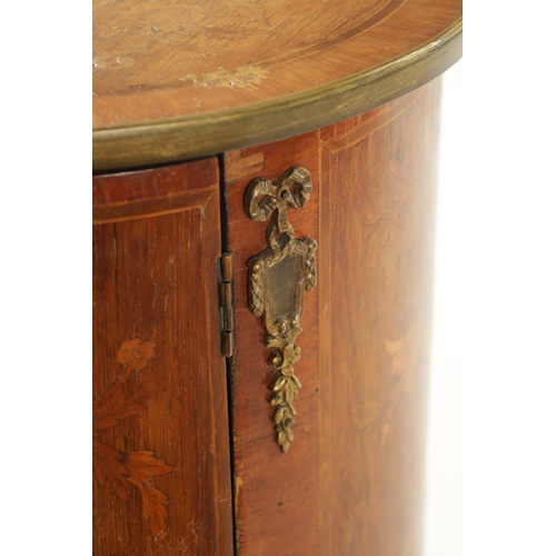 1503 - A 19TH CENTURY FRENCH WALNUT MARQUETRY CIRCULAR BEDSIDE CABINET with hinged door and slender legs; h... 