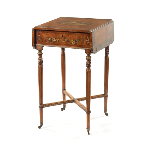 1504 - A 19TH CENTURY REGENCY STYLE PAINTED SATINWOOD PEMBROKE DROP-LEAF TABLE the figured top with centre ... 