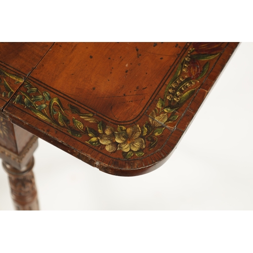 1504 - A 19TH CENTURY REGENCY STYLE PAINTED SATINWOOD PEMBROKE DROP-LEAF TABLE the figured top with centre ... 