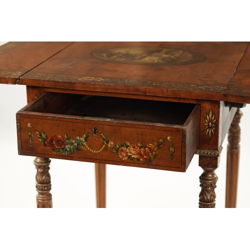 1504 - A 19TH CENTURY REGENCY STYLE PAINTED SATINWOOD PEMBROKE DROP-LEAF TABLE the figured top with centre ... 