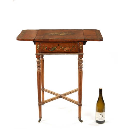 1504 - A 19TH CENTURY REGENCY STYLE PAINTED SATINWOOD PEMBROKE DROP-LEAF TABLE the figured top with centre ... 