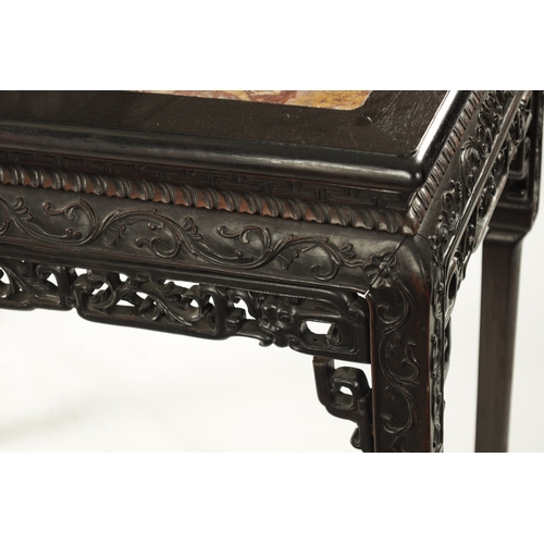 542 - A 19TH CENTURY CHINESE HARDWOOD ALTER TABLE with inset marble top above a carved base with square le... 