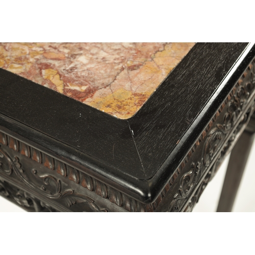 542 - A 19TH CENTURY CHINESE HARDWOOD ALTER TABLE with inset marble top above a carved base with square le... 