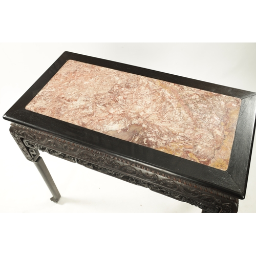 542 - A 19TH CENTURY CHINESE HARDWOOD ALTER TABLE with inset marble top above a carved base with square le... 