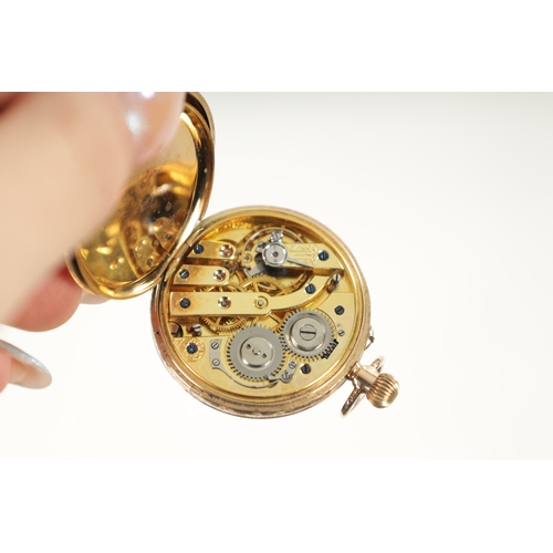 664 - A 12CT GOLD CASED OPEN FACED FOB WATCH with an engraved floral case, the enamel dial with gilt highl... 