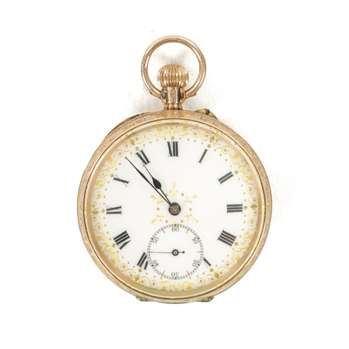 664 - A 12CT GOLD CASED OPEN FACED FOB WATCH with an engraved floral case, the enamel dial with gilt highl... 