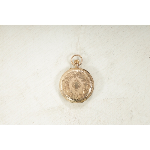 664 - A 12CT GOLD CASED OPEN FACED FOB WATCH with an engraved floral case, the enamel dial with gilt highl... 