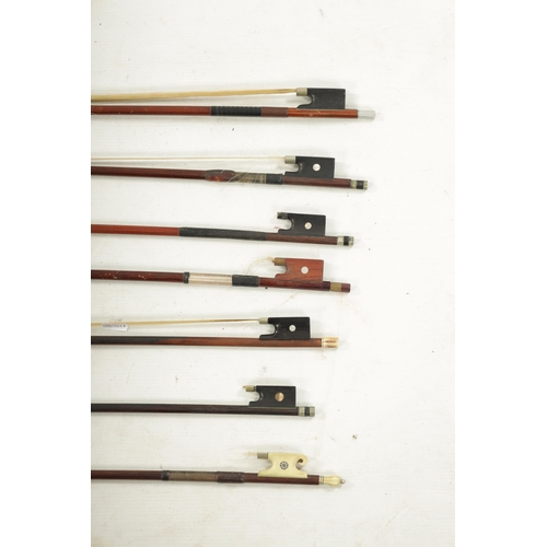 1106 - A COLLECTION OF SEVEN ANTIQUE VIOLIN BOWS one with a bone frog. The broken bow with ebony frog is si... 