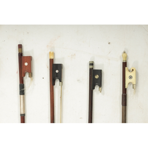 1106 - A COLLECTION OF SEVEN ANTIQUE VIOLIN BOWS one with a bone frog. The broken bow with ebony frog is si... 