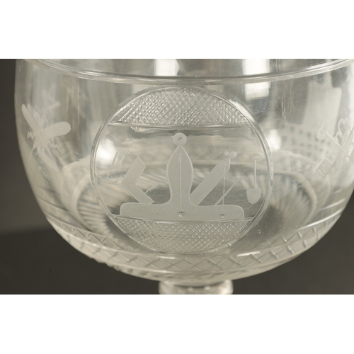 1 - A LARGE LATE 19TH CENTURY CUT GLASS ENGRAVED MASONIC GOBLET the body decorated with Masonic emblems,... 