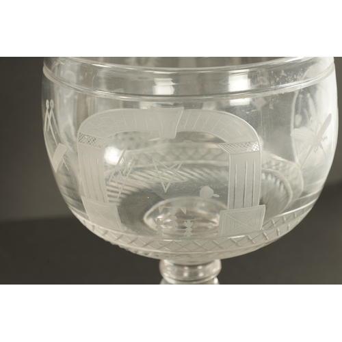 1 - A LARGE LATE 19TH CENTURY CUT GLASS ENGRAVED MASONIC GOBLET the body decorated with Masonic emblems,... 