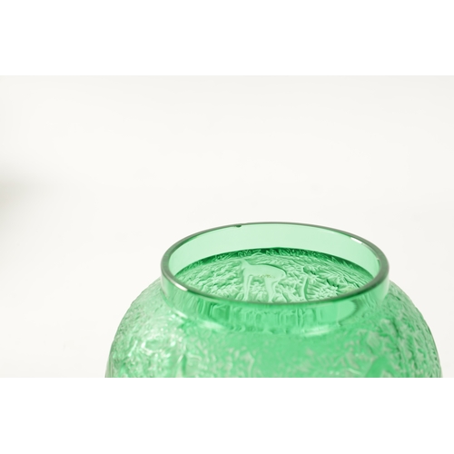 10 - A LALIQUE FROSTED EMERALD GREEN ‘BICHES’ VASE with opalescent finish decorated with deer amongst fol... 