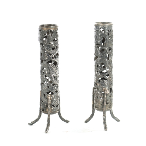 103 - A PAIR OF EARLY 20TH CENTURY CHINESE SILVER SPILL VASES BY WANG HING tall slender cylindrical pierce... 