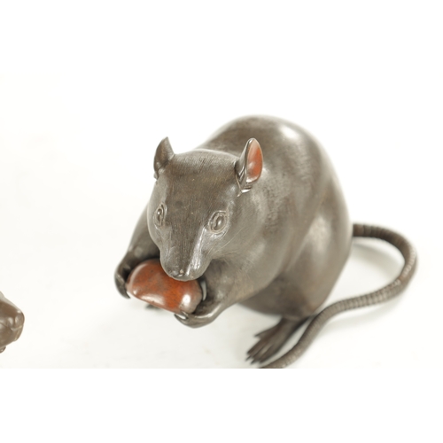 104 - A PAIR OF JAPANESE MEIJI PERIOD LIFE-SIZE PATINATED BRONZE RATS both in slightly different poses hol... 