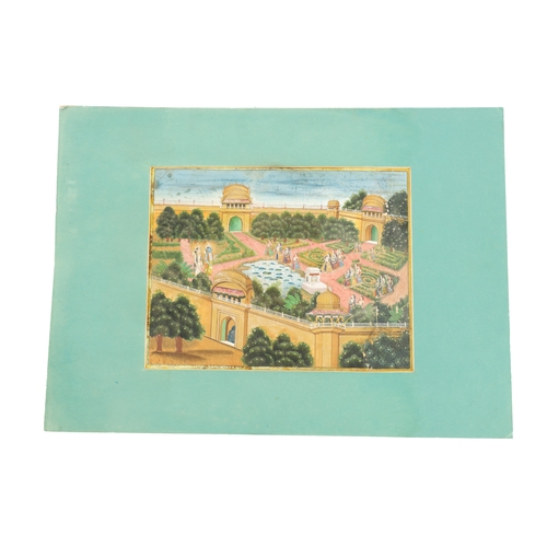 106 - A 19TH CENTURY INDIAN GOUACHE WATERCOLOUR OF A WALLED GARDEN highlighted in gilt with female figures... 