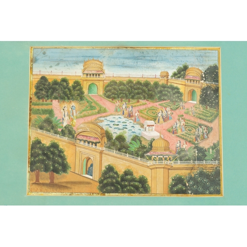 106 - A 19TH CENTURY INDIAN GOUACHE WATERCOLOUR OF A WALLED GARDEN highlighted in gilt with female figures... 