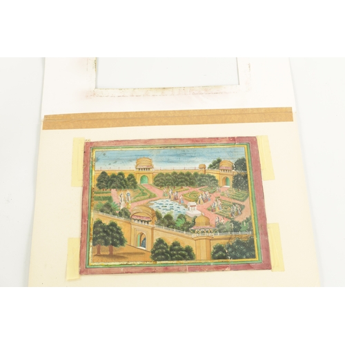 106 - A 19TH CENTURY INDIAN GOUACHE WATERCOLOUR OF A WALLED GARDEN highlighted in gilt with female figures... 