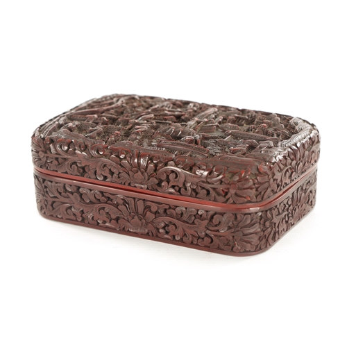 119 - A 19TH CENTURY CHINESE CINNABAR LACQUERWORK BOX with finely carved domestic and pine tree lined land... 