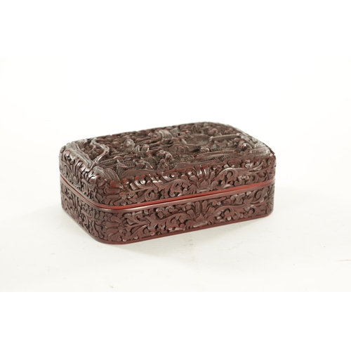 119 - A 19TH CENTURY CHINESE CINNABAR LACQUERWORK BOX with finely carved domestic and pine tree lined land... 