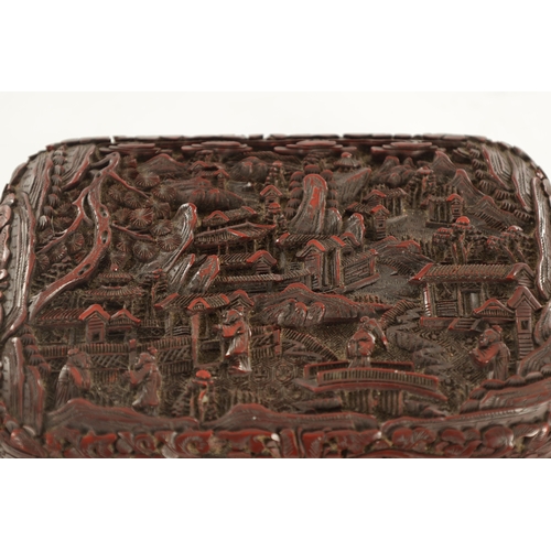 119 - A 19TH CENTURY CHINESE CINNABAR LACQUERWORK BOX with finely carved domestic and pine tree lined land... 