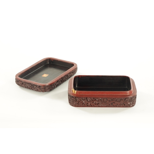 119 - A 19TH CENTURY CHINESE CINNABAR LACQUERWORK BOX with finely carved domestic and pine tree lined land... 