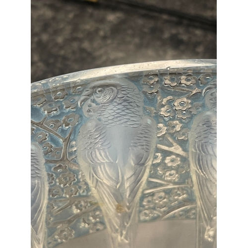 12 - A RENE LALIQUE OPALESCENT BLUE STAINED 'PERRUCHES' BOWL stencil mark 'R. LALIQUE, FRANCE'. (25cm dia... 
