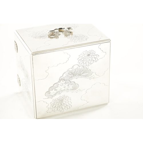 121 - A JAPANESE MEIJI PERIOD SILVER AND LACQUER JEWELLERY BOX the sides and top engraved with chrysanthem... 