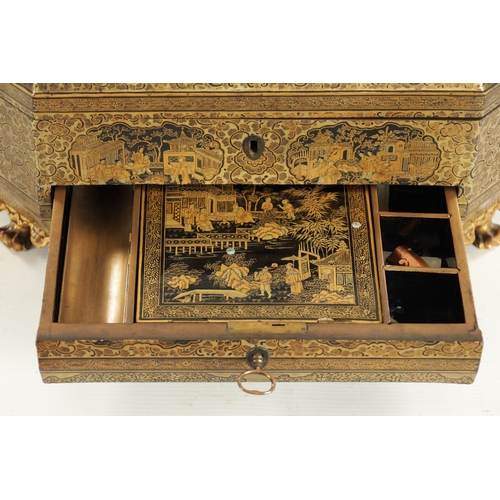 122 - A 19TH CENTURY CHINESE EXPORT CANTONESE LACQUERWORK SEWING BOX with figural landscape panels and dra... 
