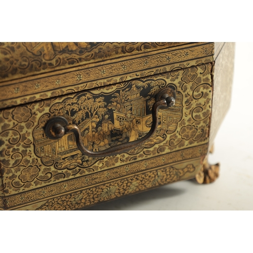 122 - A 19TH CENTURY CHINESE EXPORT CANTONESE LACQUERWORK SEWING BOX with figural landscape panels and dra... 